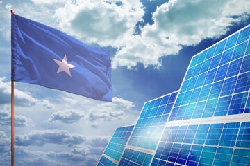 Wall Mural - Somalia solar energy, alternative energy industrial concept with flag industrial illustration - fight with global climate changing, 3D illustration