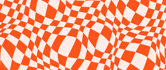 Poster - Trippy checkerboard background. Orange retro psychedelic checkered wallpaper. Wavy groovy chessboard surface. Distorted and twisted geometric pattern. Abstract vector backdrop