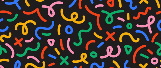 Poster - Colorful doodle seamless pattern. Abstract squiggle repeating background. Simple scribbles and shapes wallpaper. Textile or fabric print design swatch. Vector backdrop.