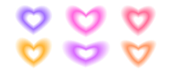 Poster - Y2k heart shape set. Trendy blurry aura collection. Blurred pastel gradient elements for logo, templates, badges, stickers. Vector pack