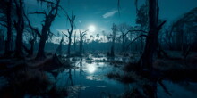 Cursed Swamp With Twisted Trees And Murky Waters, With Ghostly Apparitions And A Full Moon Casting An Eerie Glow, Evoking A Sense Of Dread And Foreboding. Generative AI