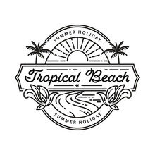 Tropical Beach And Palm Tree Logo Line Art Vector Illustration Icon Graphic Design Template.