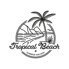 Sticker - tropical beach and palm tree logo line art vector illustration icon graphic design template.
