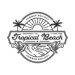 Poster - tropical beach and palm tree logo line art vector illustration icon graphic design template.