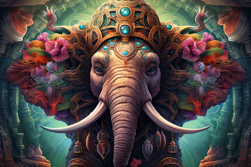 Wall Mural - a portrait of a psychedelic elephant wearing hat.AI Generative