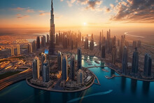 Aerial View Of Dubai City In Sunset Light.AI Generative