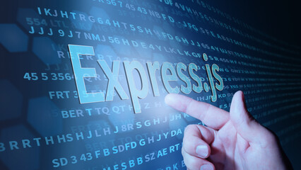 Wall Mural - Express.js inscription in abstract digital background. Programming language, computer courses, training. 3d illustration