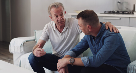 sofa, old man and adult son bonding together in living room, conversation and support in home. love,