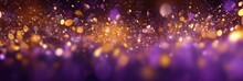 Purple And Gold Abstract Glitter Bokeh Background. Holiday Texture Confetti Celebration Wallpaper. 
