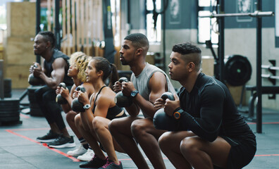 Poster - Weightlifting, fitness and people with kettle bell in gym for training, exercise and workout class. Teamwork, body builder and men and women squat with weights for challenge, wellness and strength