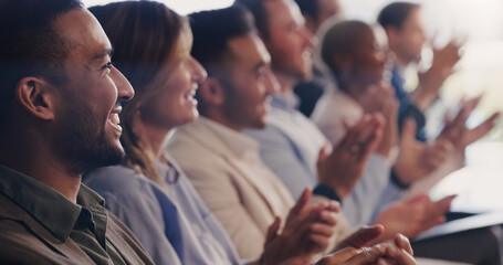 Poster - audience, conference and business people clapping hands at a seminar, workshop or training. diversit