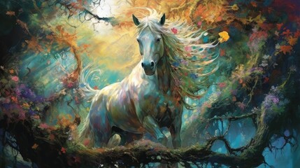 Wall Mural - Magical enchanted unicorn fairytale. Flowing mane spring flowers. Fairy world.