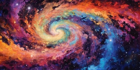 Abstract colorful vortex background. Swirling cosmos galaxy universe. Rainbow painting in space.