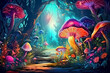 © surassawadee - fantastic wonderland landscape with mushrooms, beautiful old castle.AI Generative