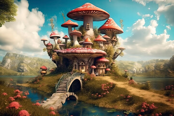 Wall Mural - fantastic wonderland landscape with mushrooms, beautiful old castle.AI Generative