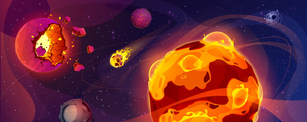 Wall Mural - space background with burning alien planets. vector cartoon illustration of damaged cosmic bodies on