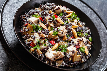 Canvas Print - black rice with cream, chicken, mushrooms, almonds