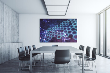 Poster - Creative abstract wireless technology hologram with hexagon on tv display in a modern presentation room, artificial intelligence and machine learning concept. 3D Rendering