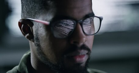 Poster - Face, glasses and code with a black man programmer working in a dark office for data processing. Focus, software development and programmer with a male coder reading computer language on a database