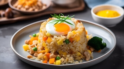 Wall Mural - fried rice with half cooked fried egg generative ai