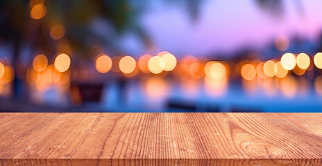Poster - Wooden table top on blur beach at sunset with bokeh light background