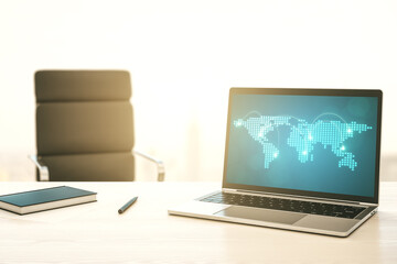 Leinwandbilder - Abstract creative world map with connections on modern laptop screen, international trading concept. 3D Rendering