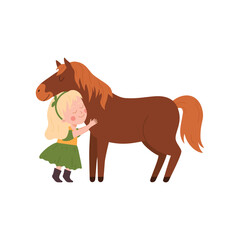 Wall Mural - Girl petting a horse, flat cartoon vector illustration isolated on white.