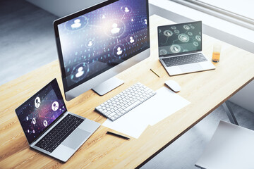 Poster - Modern computer display with social network icons concept. Networking concept. 3D Rendering