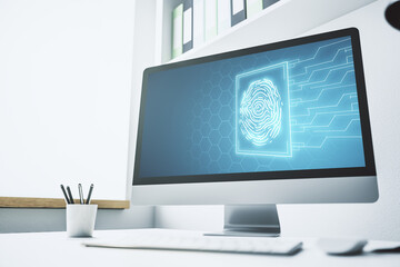 Poster - Modern computer screen with creative fingerprint hologram, personal biometric data concept. 3D Rendering