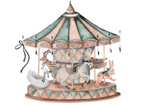 Vintage Carousel With Animals. Fabulous Watercolor Illustration. Cute Carousel For Poster, Banner, Picture, Postcard.