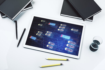 Fototapete - Modern digital tablet screen with abstract graphic coding sketch, big data and networking concept. Top view. 3D Rendering