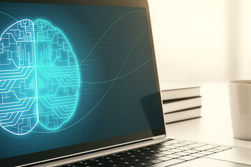 Aufkleber - Modern computer display with creative human brain microcircuit. Future technology and AI concept. 3D Rendering