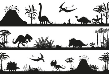 Set of black silhouette scenes with different dinosaurs flat style