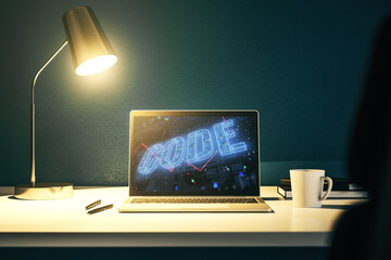 Poster - Creative Code word hologram on modern computer monitor, artificial intelligence and neural networks concept. 3D Rendering