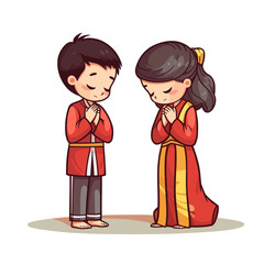 Wall Mural - a couple of praying boy and girl with traditional chinese clothes style 5