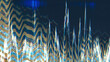Glitch overlay. Static noise texture. Distressed display. Blue orange white color curve lines distortion dust scratches on dark illustration abstract background.