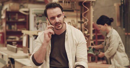 Poster - Man, phone call and carpenter talking in workshop for small business proposal. Male person speaking on a smartphone for carpentry deal, communication and ideas for planning creative furniture project