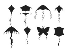 Air Kites Black Silhouettes Set Of Various Shapes Vector Illustration Isolated.