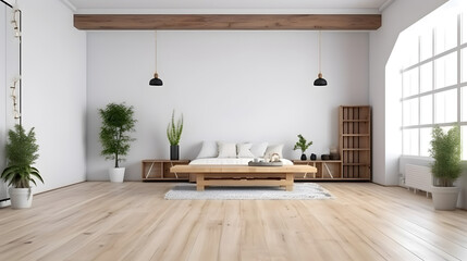 Interior wooden home design. Minimalistic living room decoration. AI generated.