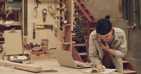 Poster - Carpenter woman, laptop and phone call in workshop for small business planning and management. Female person speaking on smartphone and writing carpentry schedule and information for creative project
