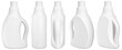 white detergent plastic bottle with measuring cap and cleaning liquid isolated on white