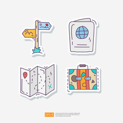 Poster - Travel Tour and Holiday Vacation Concept Vector Illustration. Signboard, Map , ID Passport, Suitcase. Summer and Tourism Doodle Sticker Set Icon