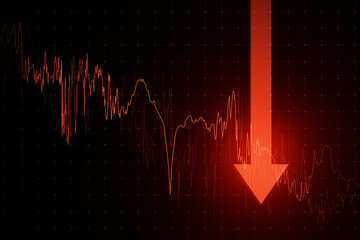 Economy crisis and stock market crash concept with moving down digital red financial chart candlestick and graphs and big arrow on dark background. 3D Rendering