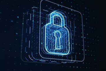 Poster - Cyber security and privacy protection concept with digital blue closed padlock symbol in frame on dark technological background. 3D rendering