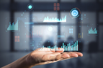 Poster - Online trading and financial report concept with a male hands presentation virtual economy diagram on a digital display hologram, on a blurred office background