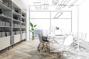 Poster - Modern meeting room interior design sketch with stylish conference table with modern laptop on wooden floor, light big full bookshelf and city view background from panoramic window. 3D rendering