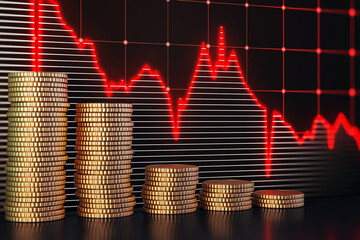 Wall Mural - Stacked golden coins with falling red forex chart on dark backdrop. Crisis and recession concept. 3D Rendering.