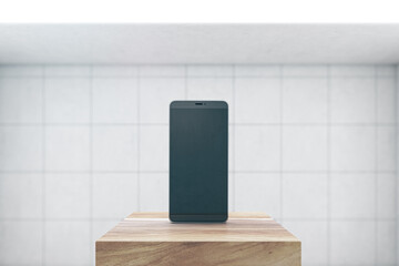 Poster - Front view on blank black modern smartphone display with space for web design, website or application on wooden stage in empty room with light tiles wall background. 3D rendering, mock up