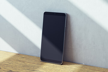 Poster - Perspective view on blank dark modern smartphone screen with place for web site or design on wooden surface and sunlit light wall background, advertising and marketing concept. 3D rendering, mockup