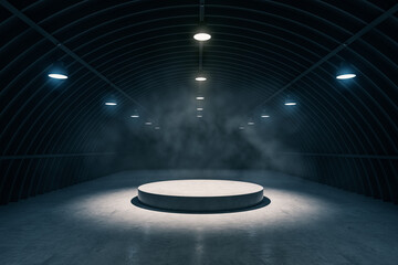 Poster - Front view dark smokey garage interior with spotlight and round pedestal on concrete floor, product presentation background and empty stage concept. 3D Rendering, mockup